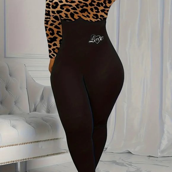 Contrast Leopard & Letter Print Jumpsuit, Sexy Long Sleeve Skinny Jumpsuit - Picture 4 of 4